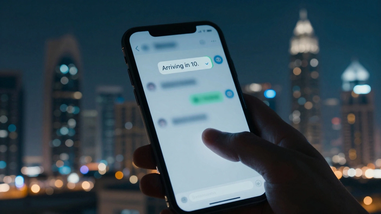 A glowing smartphone in the dark showing a private message, Dubai skyline blurred in the background, no text visible.