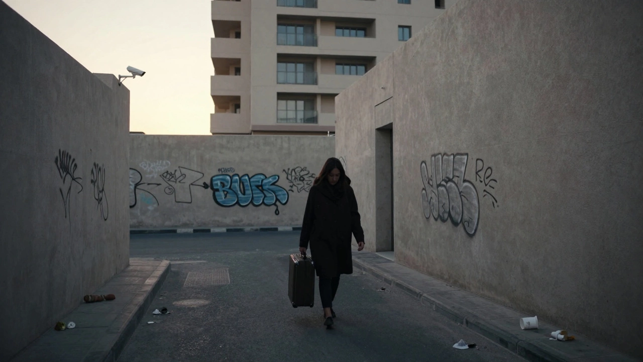 A woman walking alone through a Dubai alley at dawn, suitcase in hand, sunrise lighting her silhouette.